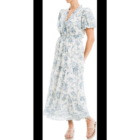 NWT Max Studio Dress Maxi S Blue Floral Tiered‎ Cottage Core Bohemian Botanical - Picture 1 of 6